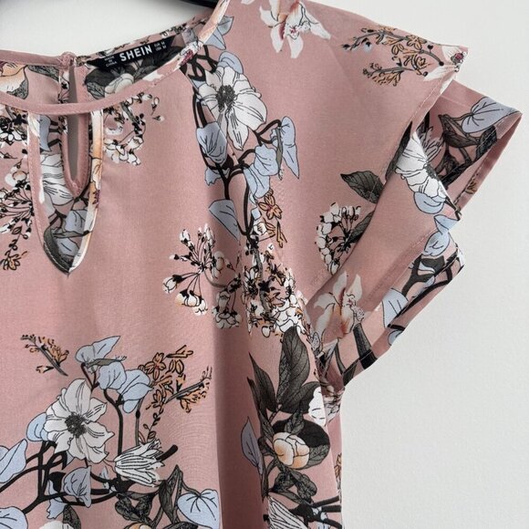 Shein Women Floral Pink With Ruffle Sleeves & Keyhole Neck Blouse Size M - Picture 5 of 7